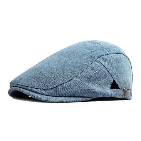Vintage Washed Denim Flat Cap For Men Women Adjustable Metal Buckle British Style Ivy Hat Casual Breathable Cotton Solid