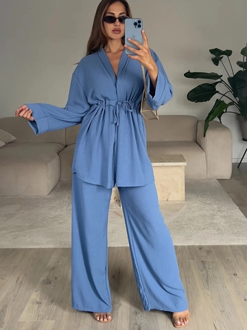 Women Casual Two Piece Outfits Long Sleeve Tie Waist Top And Wide Leg Pants Elegant Loungewear Polyester Spandex Soft