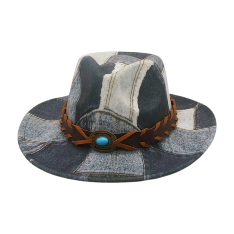 Cappello Fedora Western Vintage Denim Patchwork Con Cinturino In Pelle Decorazione Turchese Stile Britannico Cappello Jazz Per Uomini Donne