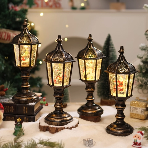 Christmas Snow Globe Lantern Musical LED Glowing Night Light Vintage Bronze Swirling Glitter Decor For Holiday Gift