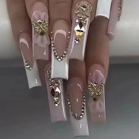 Unghie Finte Press On French Long Coffin Rosa Strass Farfalla Fiocco Gioielli Lusso Unghie Brillanti