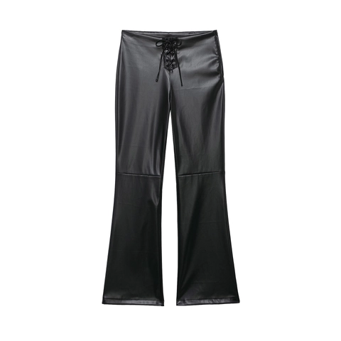 Women Black Faux Leather Flare Pants High Waist Lace Up Cross Tie PU Trousers Solid Color Slim Fit Elegant Chic Long
