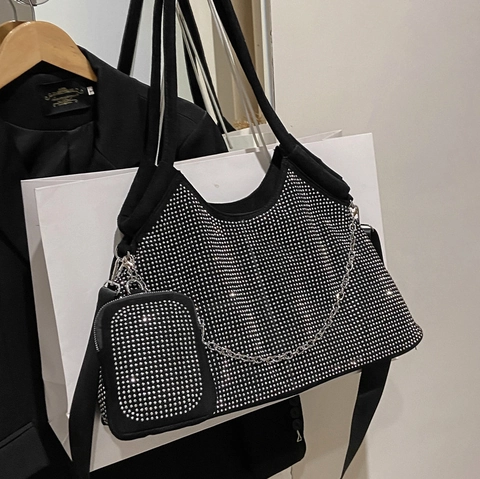 Glitzernde Strass Einkaufstasche Große Schulterhandtasche Mit Metallkette Und Passendem Mini-Beutel Für Damen Trendy