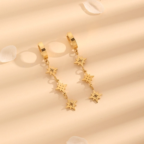 Eight Pointed Star Stainless Steel Long Drop Earrings For Women Elegant Gold Plated Star Dangle Earrings Fashion Jewelry Gift