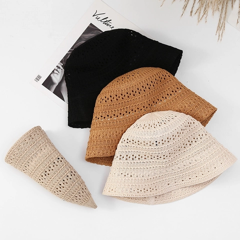 Japanese Hollow Knitted Bucket Hat Women Spring Summer Breathable Sun Protection Dome Wide Brim Woven Basin Hat Foldable