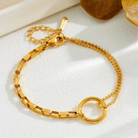 Minimalist Stainless Steel Double Layer Round Ring Pendant Necklace Spliced Bracelet Geometric Stud Earrings Set For Women