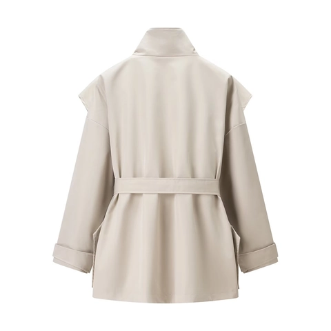 Women Stand Collar Trench Coat Polyester Waist Tie Long Sleeve Solid Color Elegant Slim Fit Outerwear
