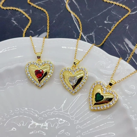Heart Pendant Necklace Copper Gold Plated With Colorful Zircon Shiny Geometric Clavicle Chain Jewelry For Women