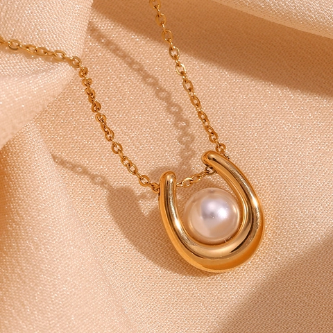 Collar Con Colgante De Herradura En Acero Inoxidable Chapado En Oro De 18K Con Perla Artificial De Imitación Joyería Retro Francesa