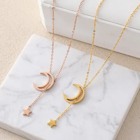 Stern Mond Anhänger Halskette Titanstahl Y-Förmige Lange Kette Minimalistisch Geometrisch Nicht Verblassender Schmuck Für Damen