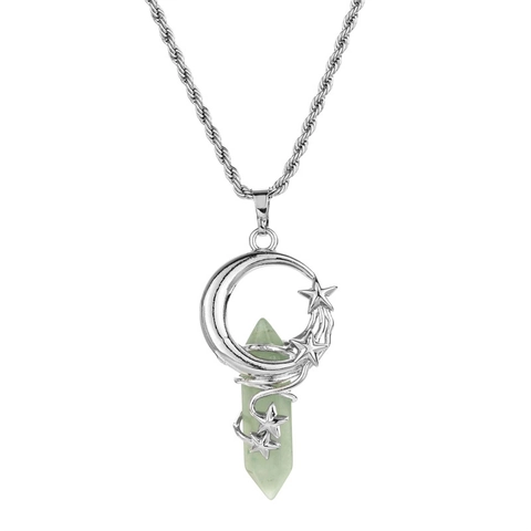 Natural Stone Hexagonal Column Pendant Necklace Moon Star Copper Wrap Stainless Steel Chain Fashion Jewelry Women