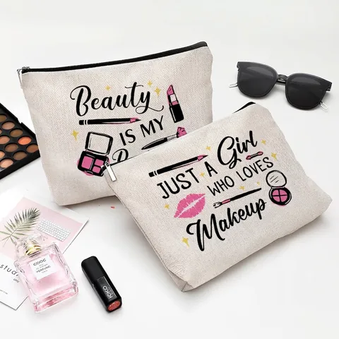 Canvas Cosmetic Bag Waterproof Makeup Pouch Travel Zipper Storage Bag For Women Portable Wash Organizer Letter Print