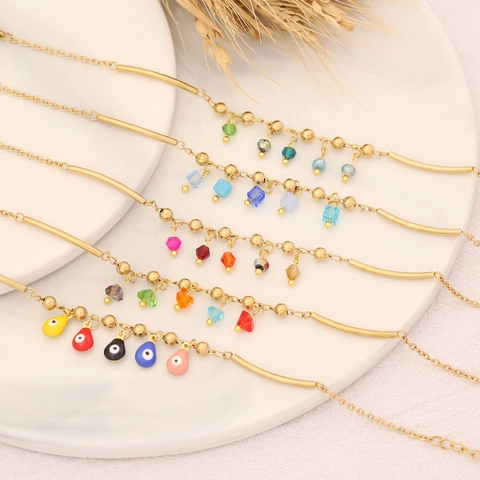 Edelstahl Evil Eye Armband Bunte Kristall Anhänger Verstellbare Vergoldete Kette Modeschmuck Damen