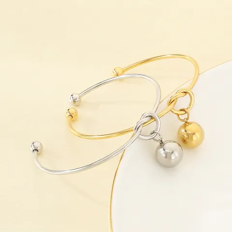 Edelstahl Offener Armreif Mit Knotendesign Und Kugelanhänger Minimalistischer Modeschmuck Für Damen