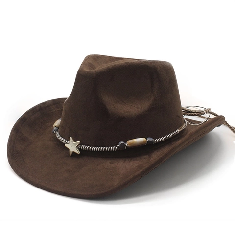 Western Cowboy Hat Suede Wide Brim With Star Metal Decoration Braided Band Bohemian Ethnic Style For Women Men Vintage Outdoor