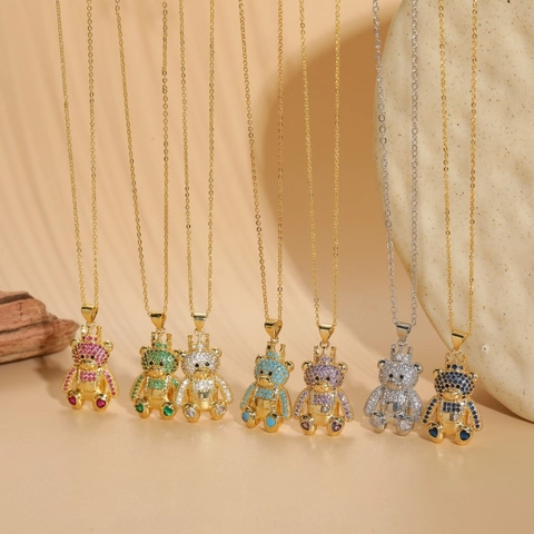 Copper Zirconia Crown Teddy Bear Pendant Necklace For Women Luxury Heart Paws Animal Clavicle Chain Jewelry Accessory