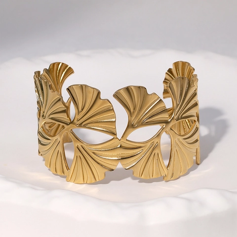 Brazalete De Hoja De Ginkgo Acero Inoxidable Hueco Ajustable Puño Abierto Pulsera Bañado En Oro 18K Joyería Moda Mujer