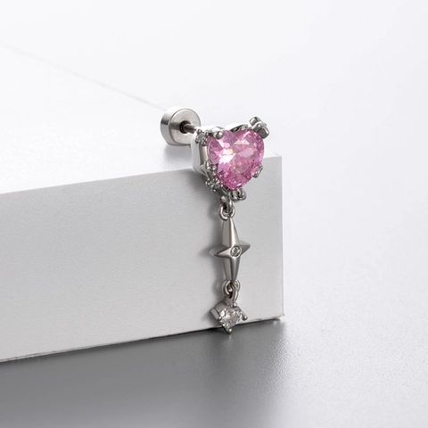 Titanium Steel Bow Heart Zircon Cartilage Earring Stud Screw Back Butterfly Pink Piercing Jewelry