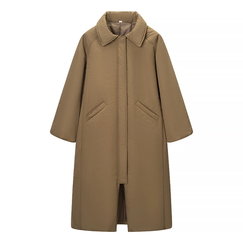 Women Long Puffer Jacket Lapel Collar Raglan Sleeve Loose Fit Solid Color Cotton Padded Coat Casual Warm Outerwear