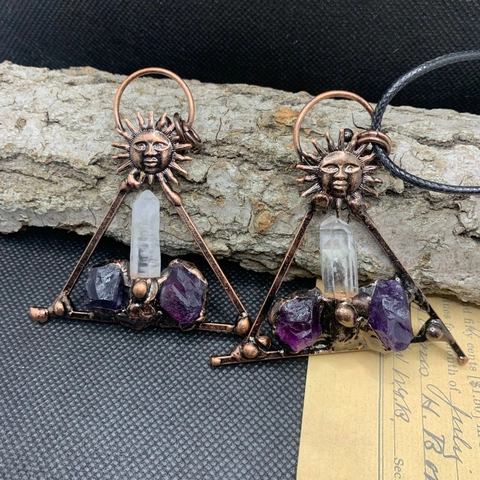 Collana Pendente Triangolo Dio Del Sole Ametista Cristallo Bianco Bronzo Antico Gioielli Bohémien Retro Mistero
