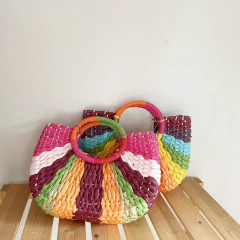 Colorful Woven Straw Handbag Rainbow Contrast Color Paper String Beach Purse Bohemia Style Summer Vacation Large Capacity For Women