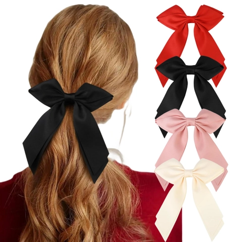 Barrette Cheveux Noeud En Satin Élégant Longue Queue Pince Crocodile Épingle À Cheveux Accessoire Pour Femmes Filles