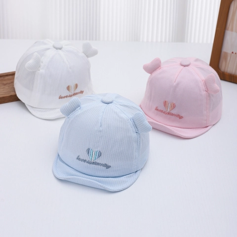 Casquette De Baseball Bébé Bord Souple Coton Respirant Chapeau Soleil Avec Oreilles Mignonnes Broderie Coeur Pour Nouveau-Né