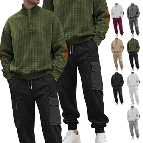 Heren Wafelgebreide Pullover Cargo Jogger Broek Lange Mouwen Opstaande Kraag Elleboogstukken Casual Sportieve Outfit