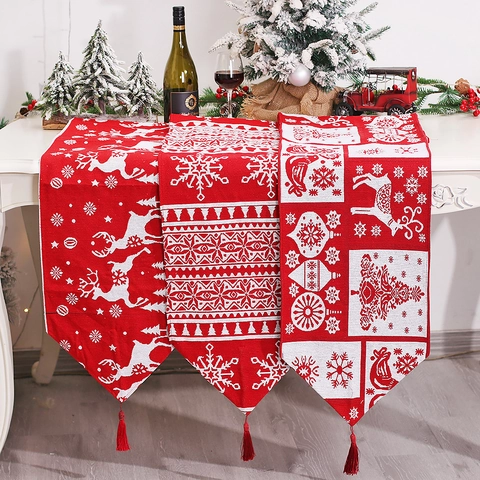 Kerst Gebreide Tafelloper Met Kwastjes Rendier Sneeuwvlok Patroon Feestelijke Eettafel Decoratie Hittebestendige Placemat Home Party Decor