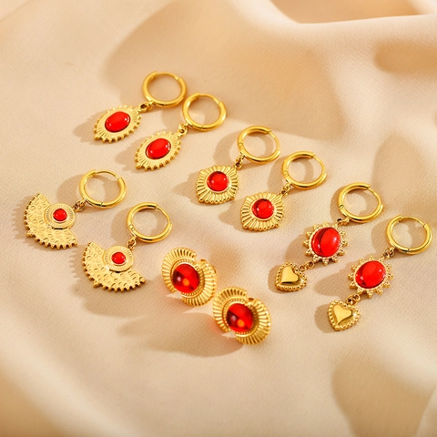 Orecchini Vintage Bohemian in Rame Placcato Oro Con Zirconia Rossa per Donna Retro Geometrici a Raggi di Sole Cuore Pendenti a Forma di Ventaglio