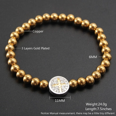 Pulsera de Cuentas de Acero Inoxidable Chapado en Oro 18K Con Medalla de San Benito Colgante de Moneda Religiosa Vintage para Mujer