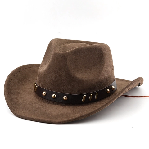 Vintage Western Cowboy Hat Faux Suede Rivet Leather Belt Wide Brim Outdoor Sun Protection Retro Jazz Fedora Men Women