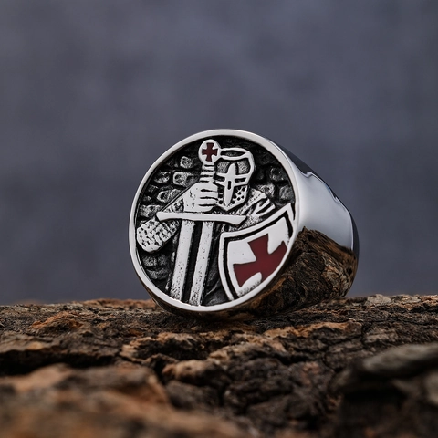 Anillo De Sello De Caballero Templario Para Hombre Acero Inoxidable Esmalte Rojo Cruz Cruzado Vintage Oxidado Punk