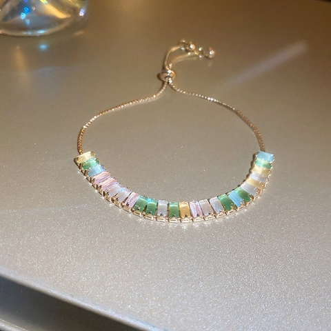 Adjustable Zircon Bracelet For Women Colorful Copper Jewelry With Bolo Clasp Luxury Geometric Crystal Bangle Fashion