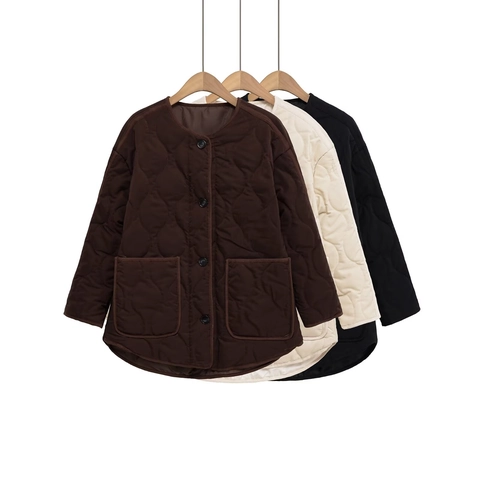 Women Quilted Jacket Cotton Padded Coat Crew Neck Button Down Lightweight Outerwear Casual Long Sleeve Large Pockets