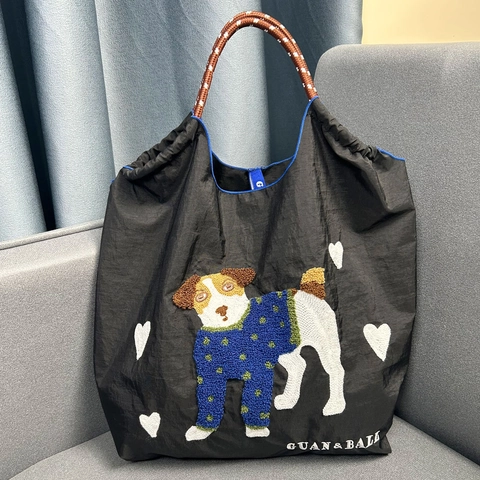 Embroidered Pug Nylon Tote Bag Spacious Foldable Shopping Bag For Women Travel Cute Dog Pattern Casual Shoulder Bag