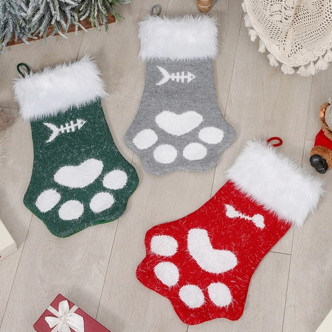 Christmas Stocking Paw Shaped Knit Acrylic Faux Fur Trim Candy Bag Holiday Home Decor Cute Pet Gift Bag