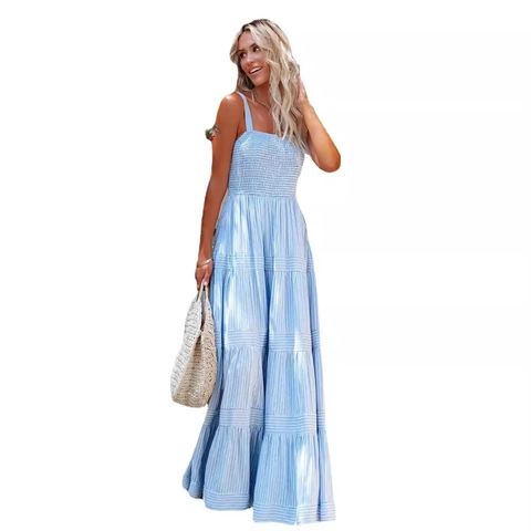 Women Spaghetti Strap Striped Maxi Dress Polyester Smocked Bodice Tiered Cake Skirt Summer Beach Vacation Boho
