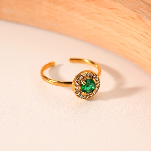 Adjustable Stainless Steel Ring 18K Gold Plated Round Emerald Green Cubic Zirconia Halo Elegant Jewelry For Women