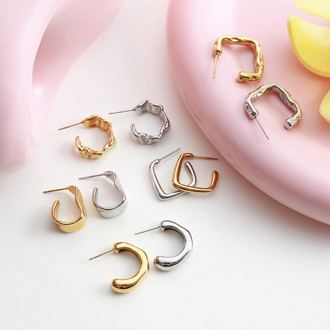 Geometric Hoop Earrings Stainless Steel Waterproof C-Shaped Square Textured Smooth Fashion Jewelry For Women