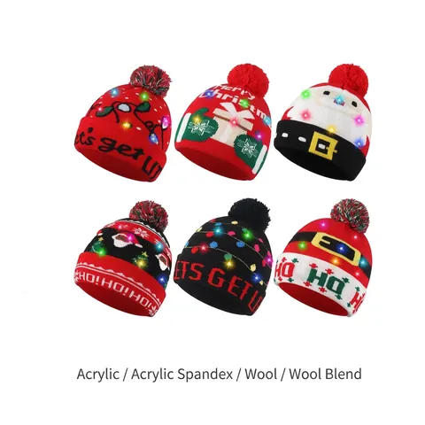 LED Light Up Christmas Beanie Knit Hat Acrylic Warm Winter Santa Reindeer Pattern For Adults Kids Festive Accessory