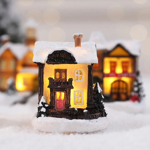 Christmas Miniature House LED Light Up Resin Snow Covered Village Building Desktop Decoration Holiday Ornament