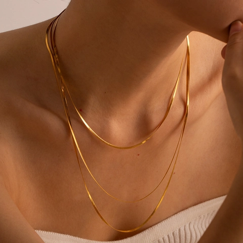 Flat Herringbone Chain Necklace 18K Gold Plated Stainless Steel Layered Snake Link Jewelry Elegant For Women