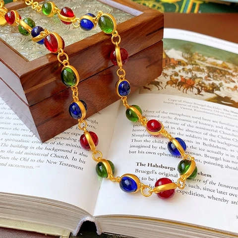 Vintage Colorful Resin Bead Necklace Retro French Style Matte Gold Plated Copper Oval Geometric Jewelry For Women