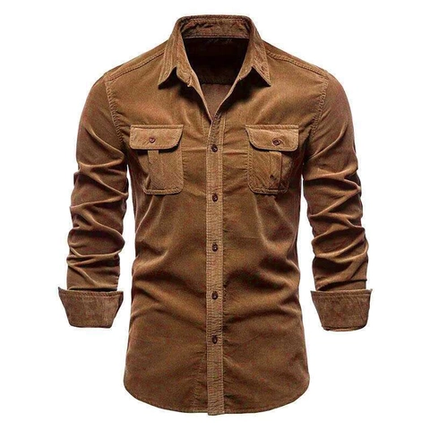Men Business Casual Corduroy Shirt Long Sleeve Solid Color Workwear Top Japanese Style Turn-down Collar Button Shirt For Men Autumn Jacket