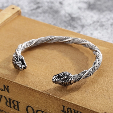 Vintage Viking Wolf Slangenkop Open Armring 316L Roestvrij Staal Gedraaid Gaas Punk Retro Bangle Voor Heren