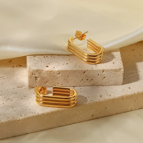 Orecchini A Cerchio Geometrici A Forma Di U Per Donna A Tre Strati A Costine In Acciaio Inossidabile Placcato Oro 18K