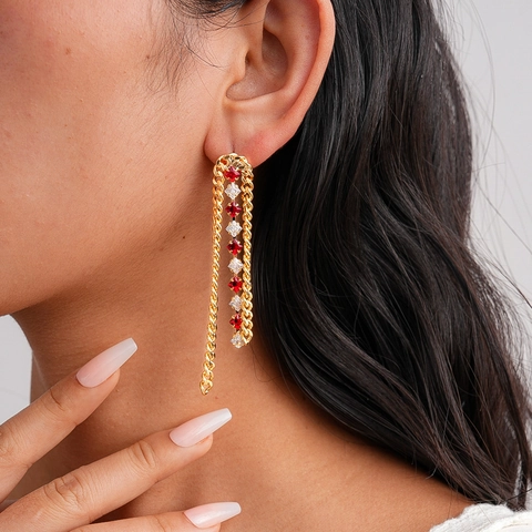 Rhombus Long Tassel Dangle Earrings Brass With Red White Square Zirconia And Silver Earring Post Luxury Palace For Women