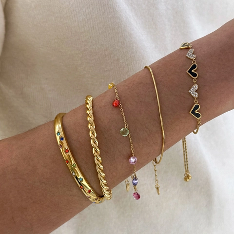 Stainless Steel Bracelet Bangle Multilayer Colorful Cubic Zirconia Heart Star Adjustable Stackable Fashion Jewelry For Women