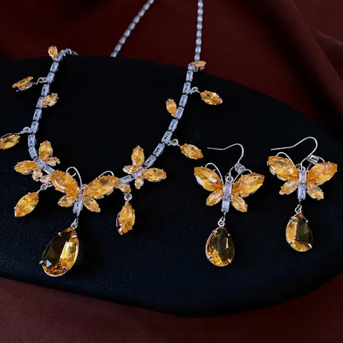 Butterfly Pendant Necklace And Earrings Copper Zircon Water Drop Rhinestone Elegant Wedding Banquet Jewelry For Women